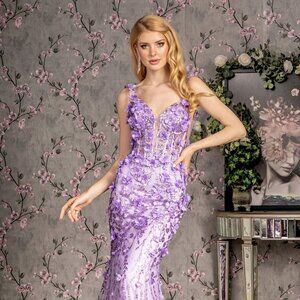 NEW LONG FORMAL SLEEVELESS MERMAID DRESS EMBROIDERED WITH FLORAL APPLQIUE GL3410